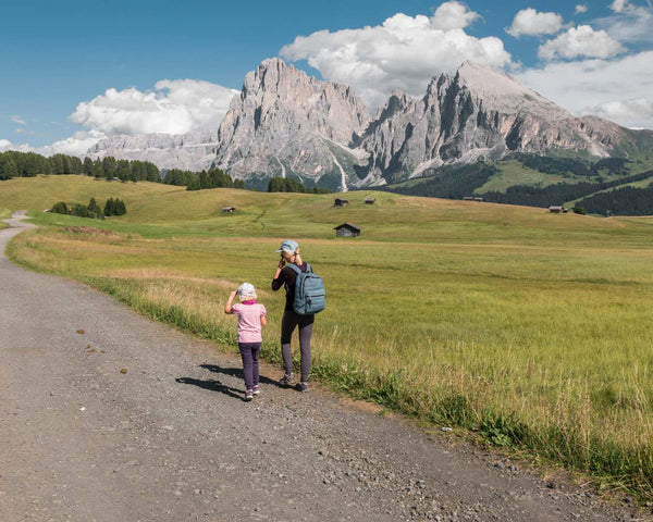 Parent wearing backpack and young child in pink walking paved mountain path