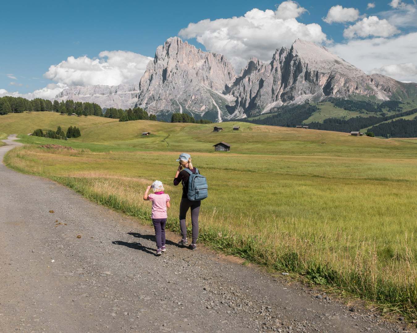 Parent wearing backpack and young child in pink walking paved mountain path
