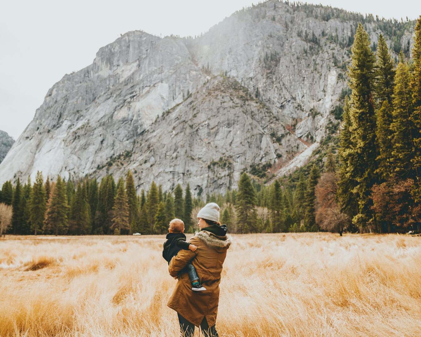 Parent carrying toddler in backpack carrier exploring mountain meadow with dramatic granite cliff and evergreen forest backdrop